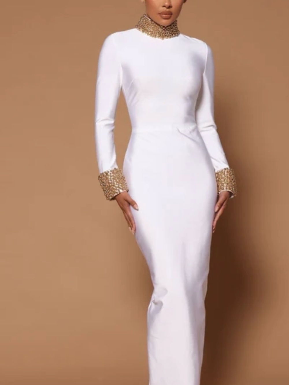 NWT. Elegant White Gown with Gold Embellished Collar & Cuffs
